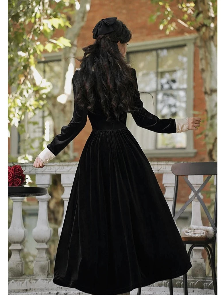 Black Velvet Dress V Neck Wrap Dress A-line Dress Maxi Dress With Long Lace  Sleeves Bridesmaid Long Train Dress Photoshoot Dress Prom Gown - Etsy